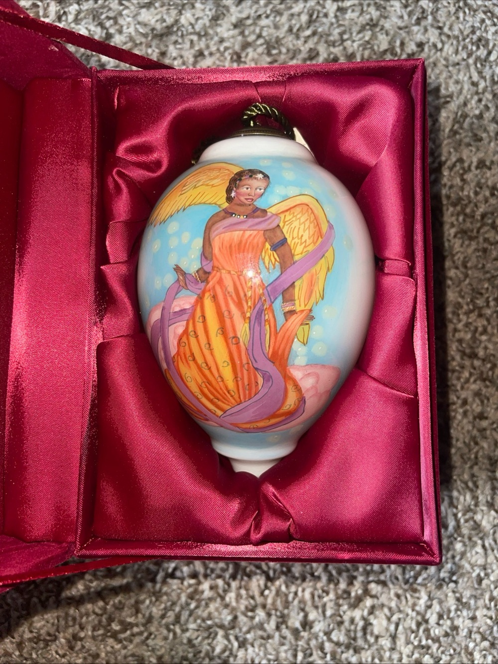 Hand-Painted Angel Ornament — Orange and Purple Porcelain Accent